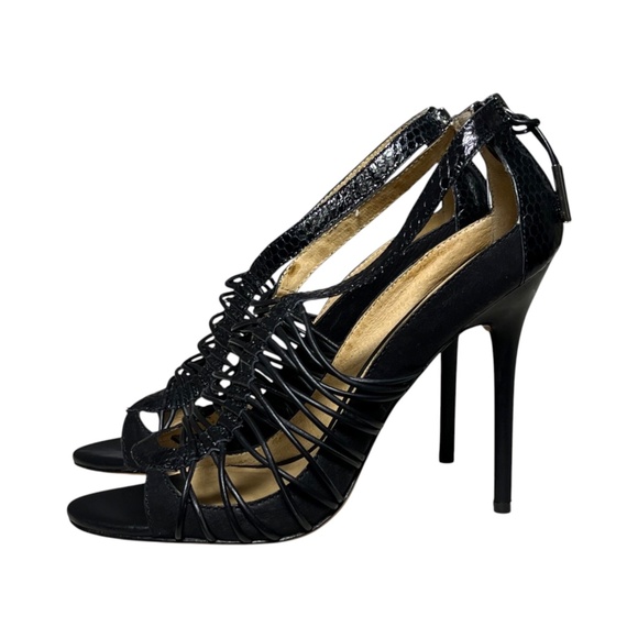 L.A.M.B. Raivyn 8.5 M Black Embossed Textured Caged Strappy Stiletto Heels Shoes - Picture 1 of 13
